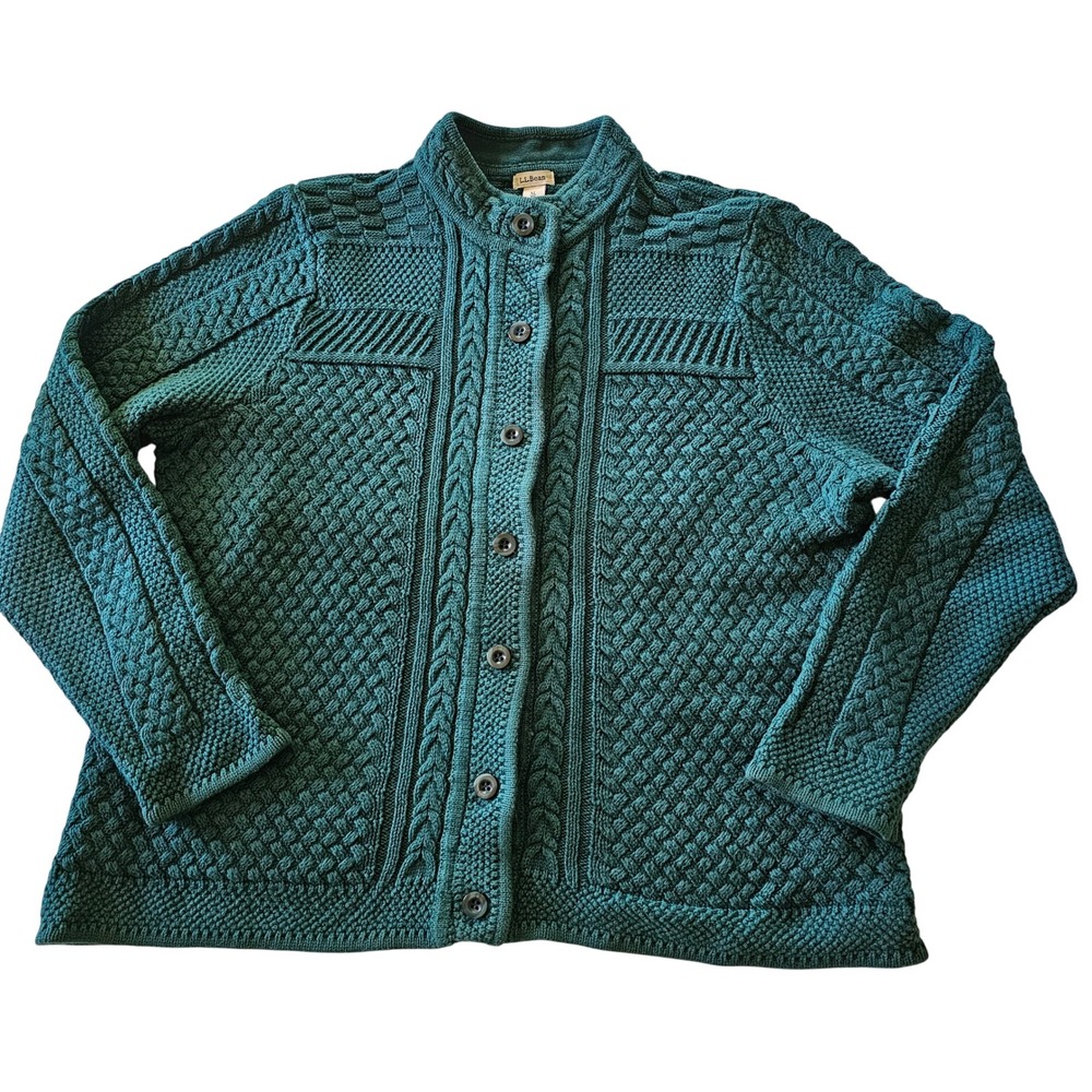 LL Bean Heritage Cotton Fisherman Cardigan Teal Green Cable Knit Sweater XL